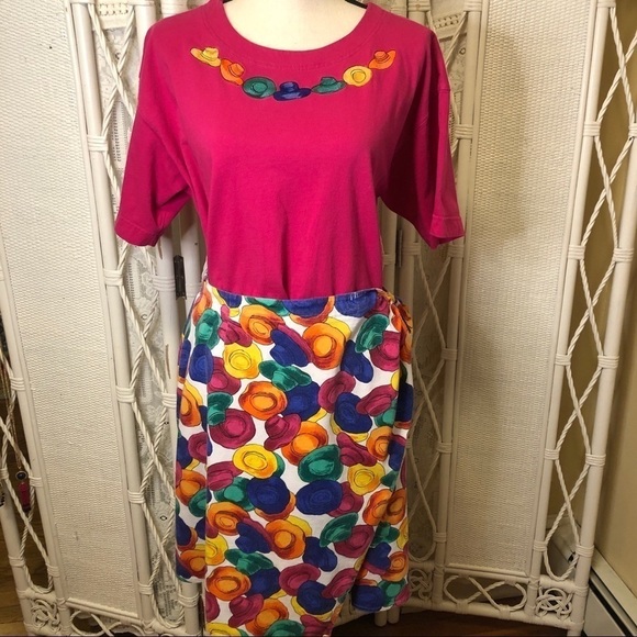 Vintage 90s Skirt Multicolor Hat Print Wrap with Tie Evan Picone Y2K size Large - Picture 7 of 16